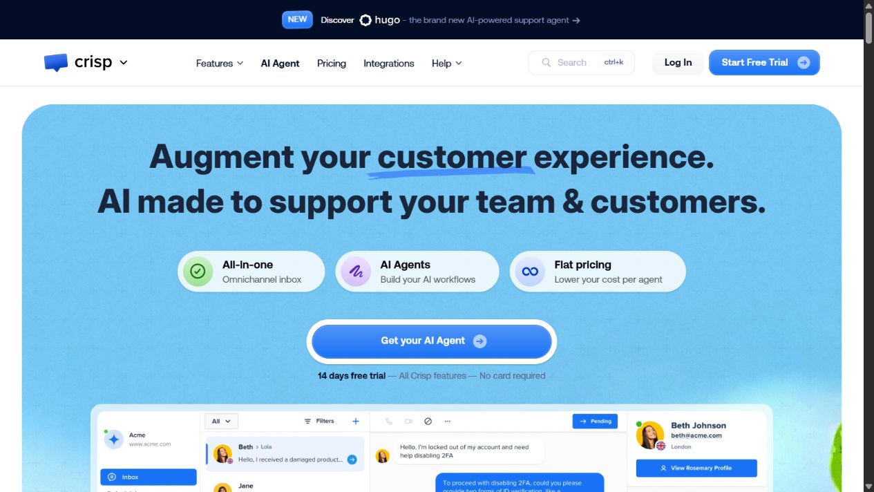 Crisp official homepage showing its omnichannel customer support platform