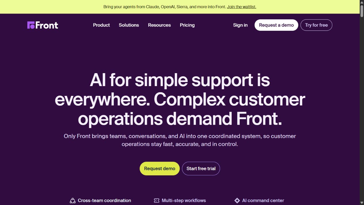 Front official homepage showing coordinated customer operations positioning