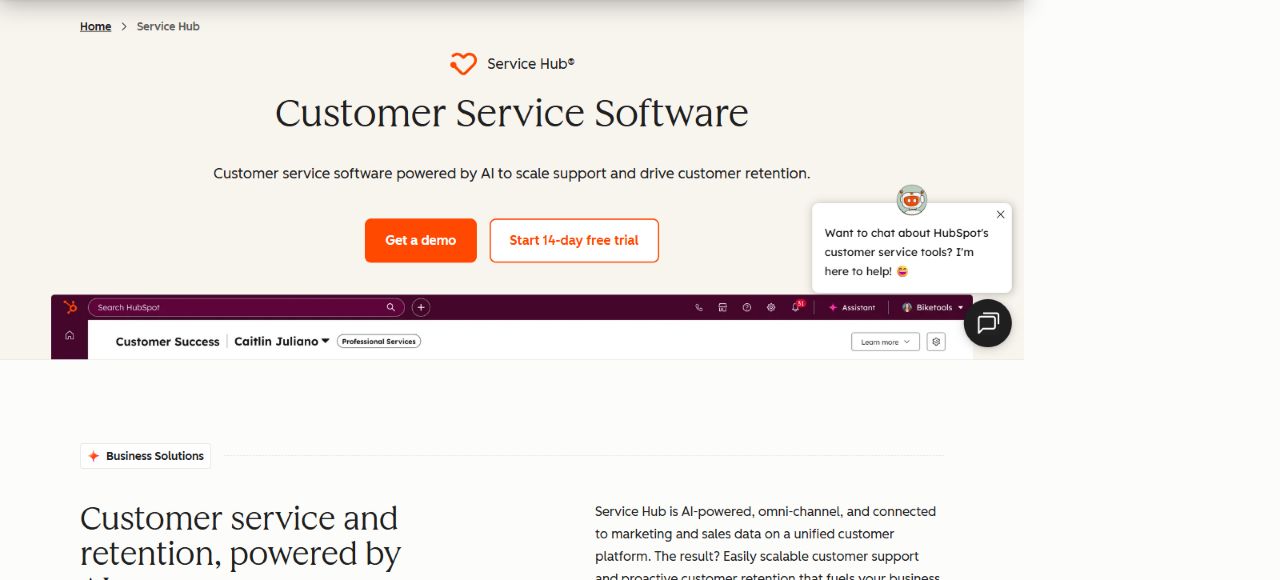 HubSpot Service Hub official product page showing customer service software