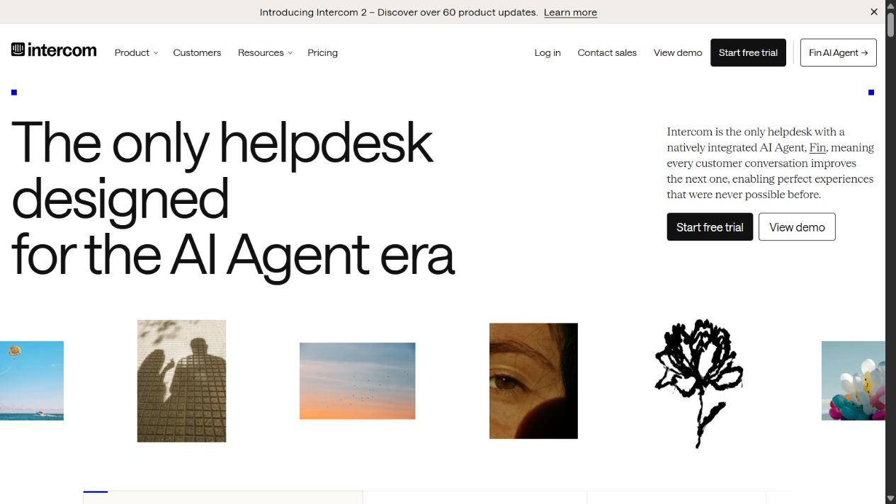 Intercom official homepage showing its help desk and AI Agent positioning