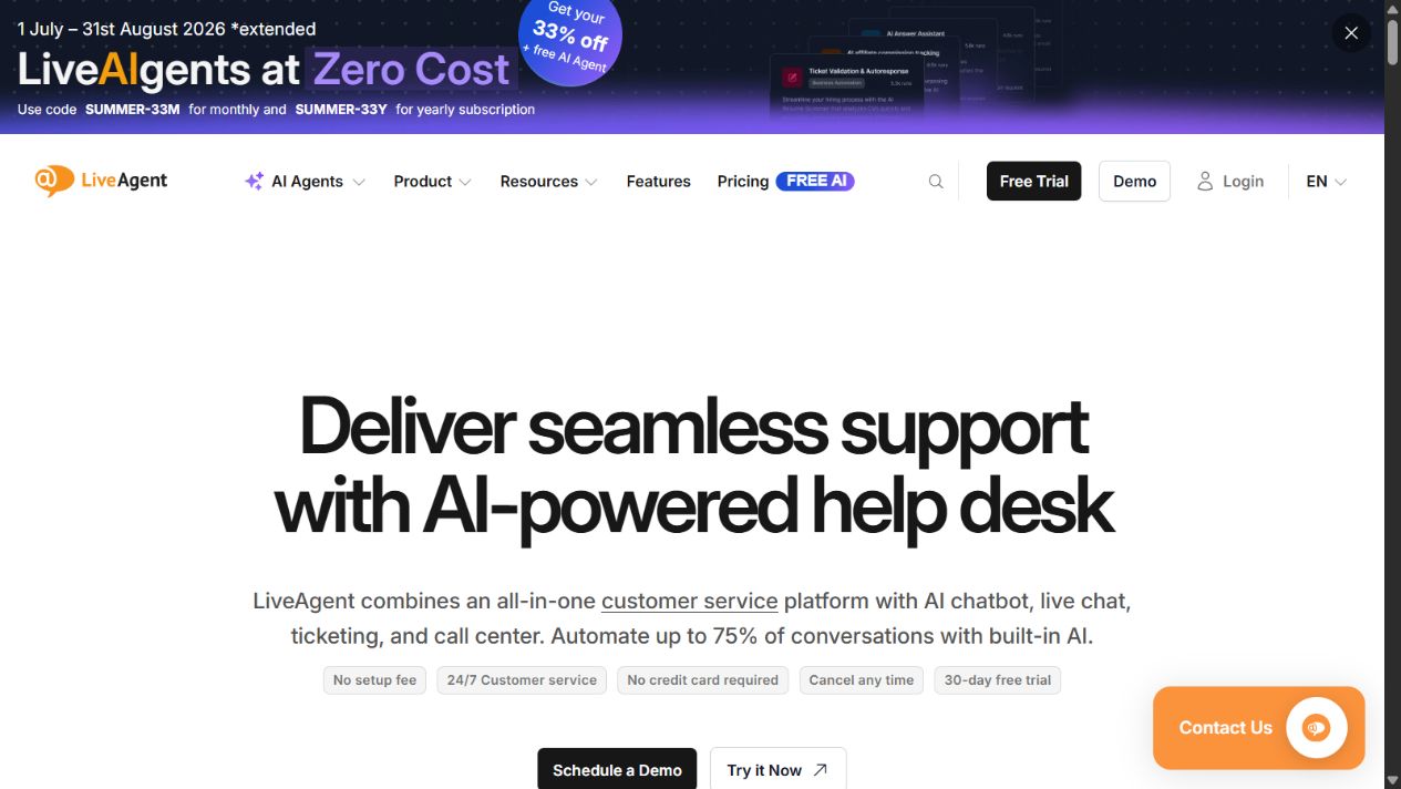 LiveAgent official homepage showing its AI-powered help desk