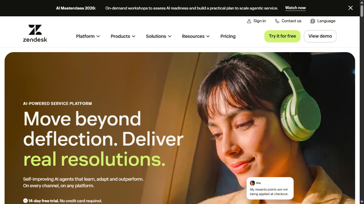Zendesk official homepage showing its AI-powered service platform
