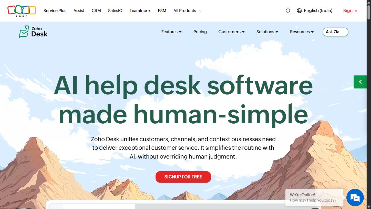Zoho Desk official homepage showing AI help desk positioning