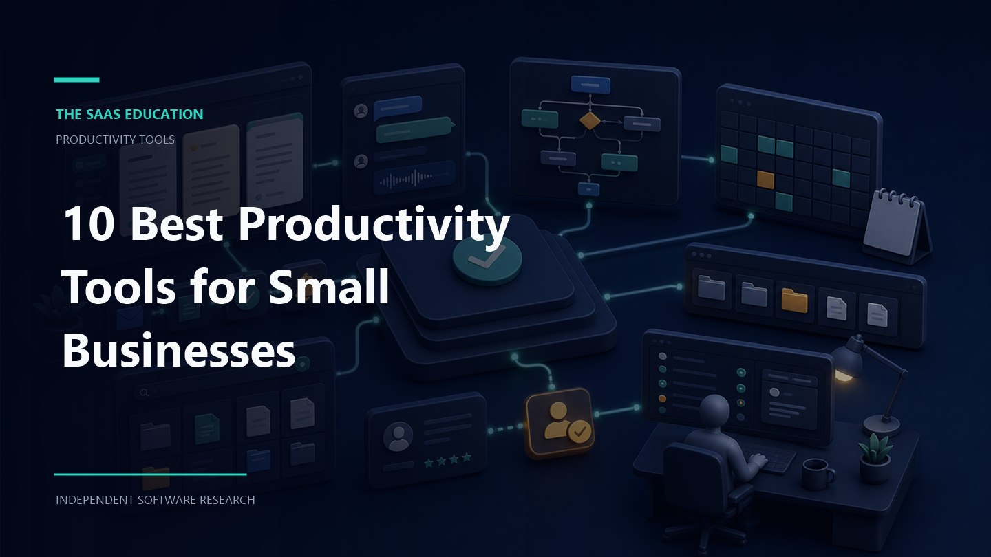 Editorial illustration of a small-business productivity workspace with documents, tasks, communication, automation, and scheduling tools