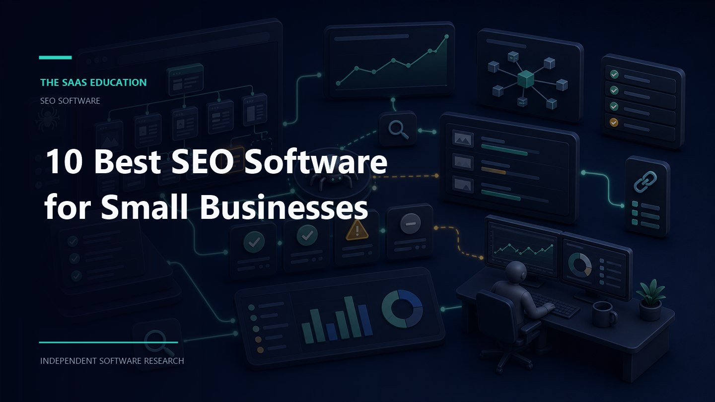 Small-business SEO team comparing keyword research, rank tracking, technical auditing, and reporting software