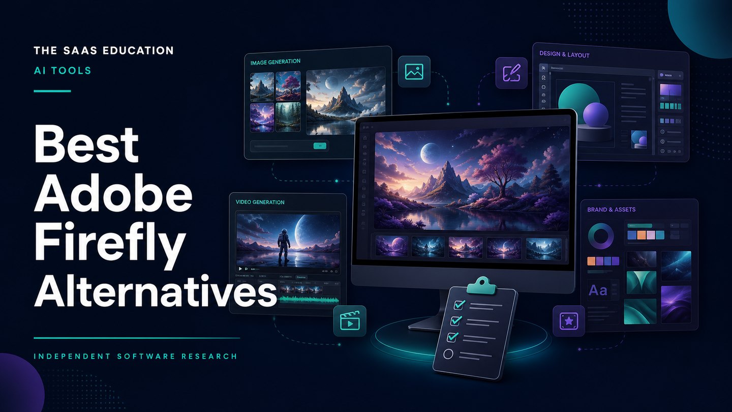 Editorial cover showing an AI creative workspace for Adobe Firefly alternatives research