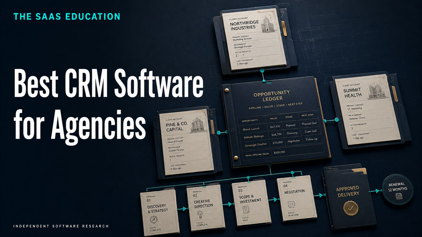 Agency client accounts connected to an opportunity ledger, proposal stages and delivery handoff