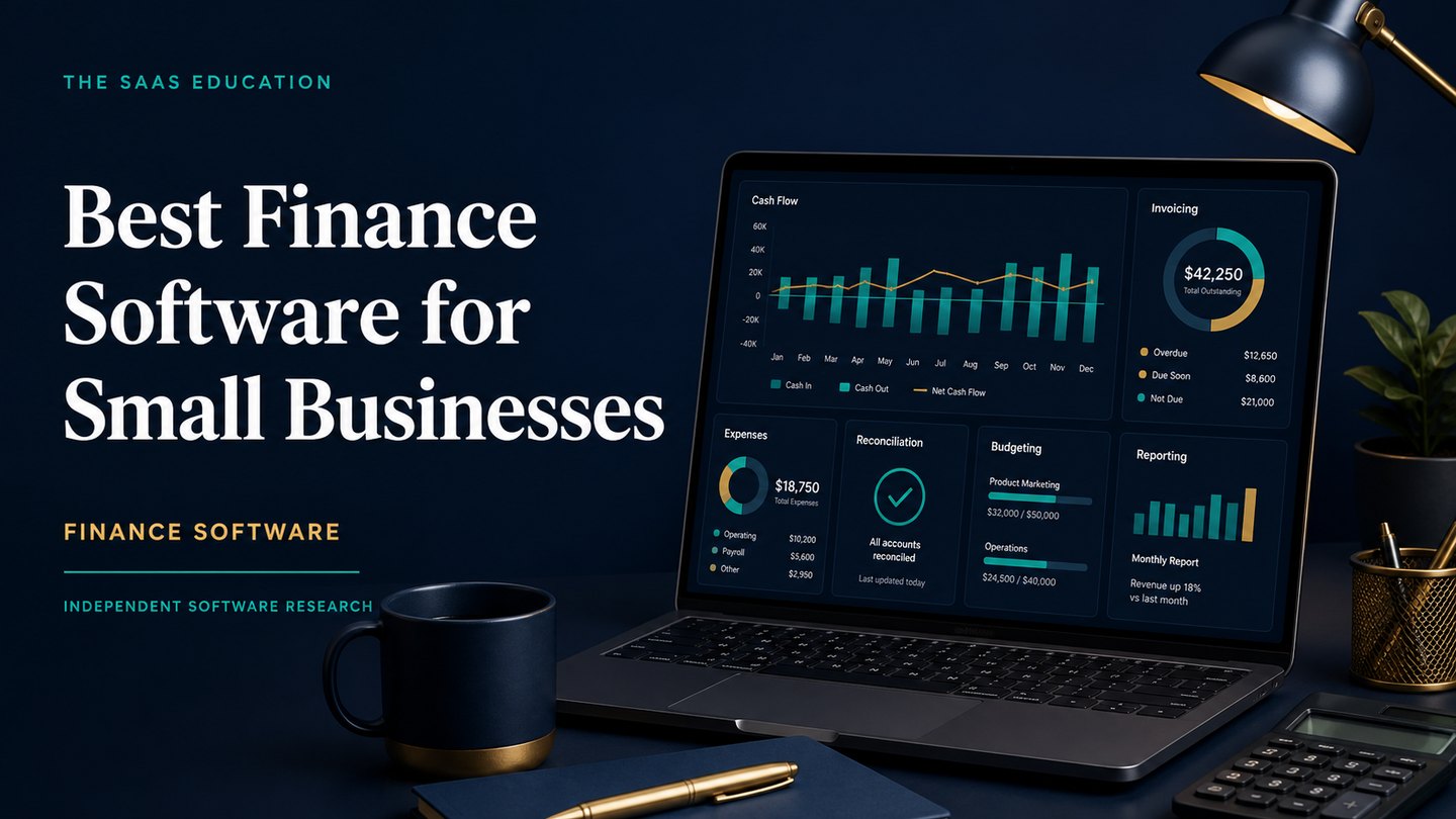 Editorial cover showing invoicing, cash flow, reporting, reconciliation, and budgeting software