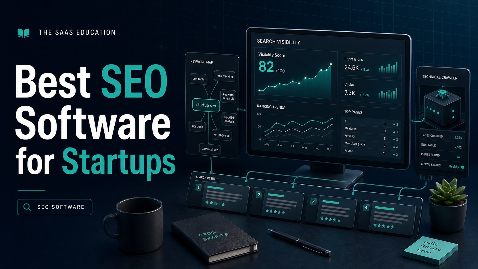 Startup team comparing keyword research, rank tracking, technical crawling, reporting, and AI search visibility software