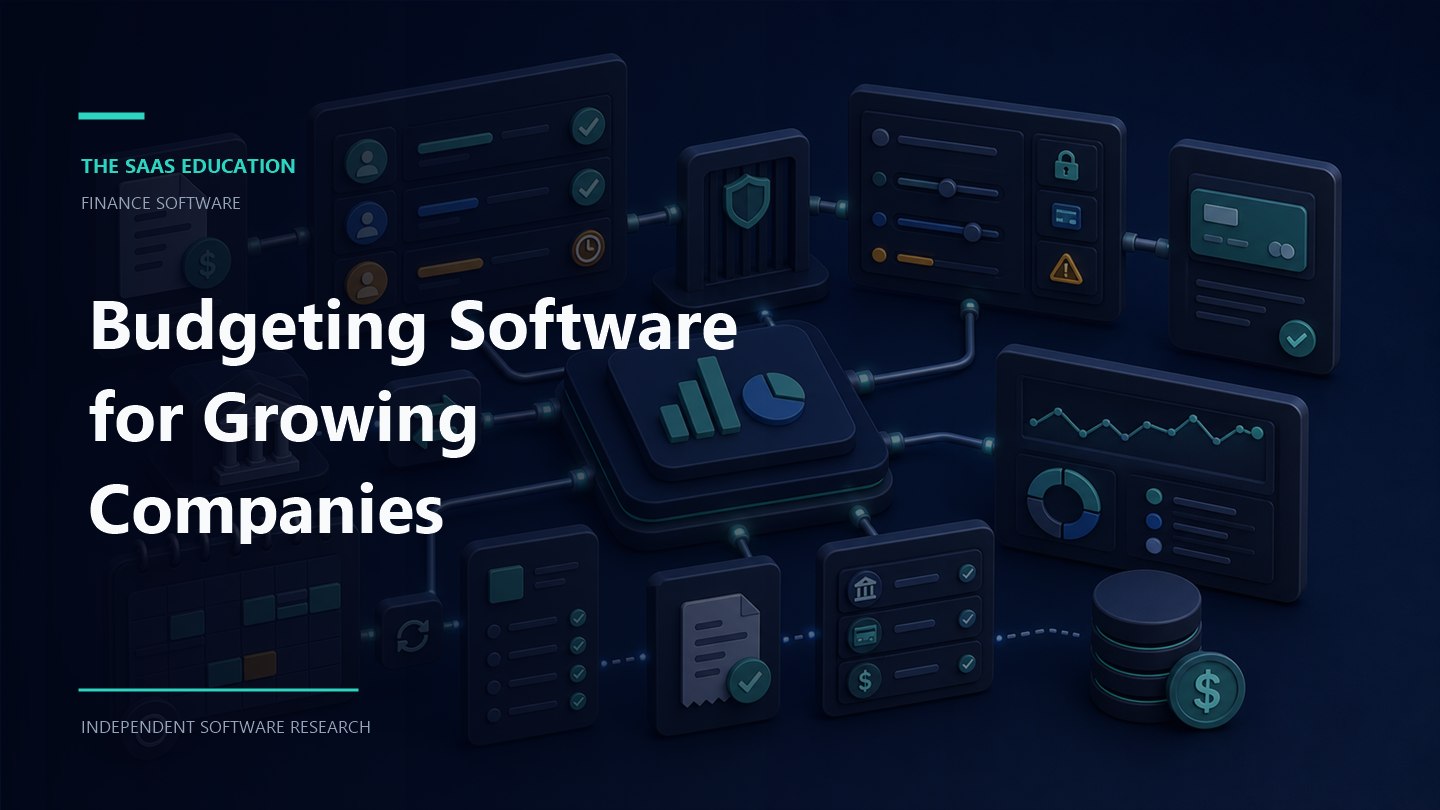 Budgeting Software for Growing Companies editorial illustration showing a finance software workflow and review checkpoints