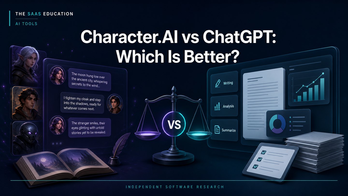 Character-driven AI and general-purpose AI workflow comparison editorial cover