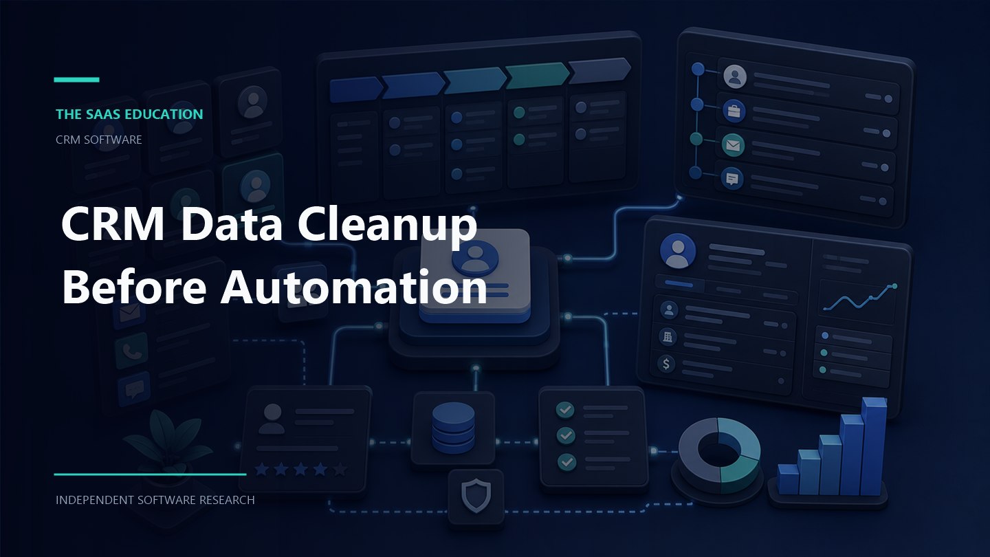 CRM Data Cleanup Before Automation editorial illustration showing a crm software workflow and review checkpoints