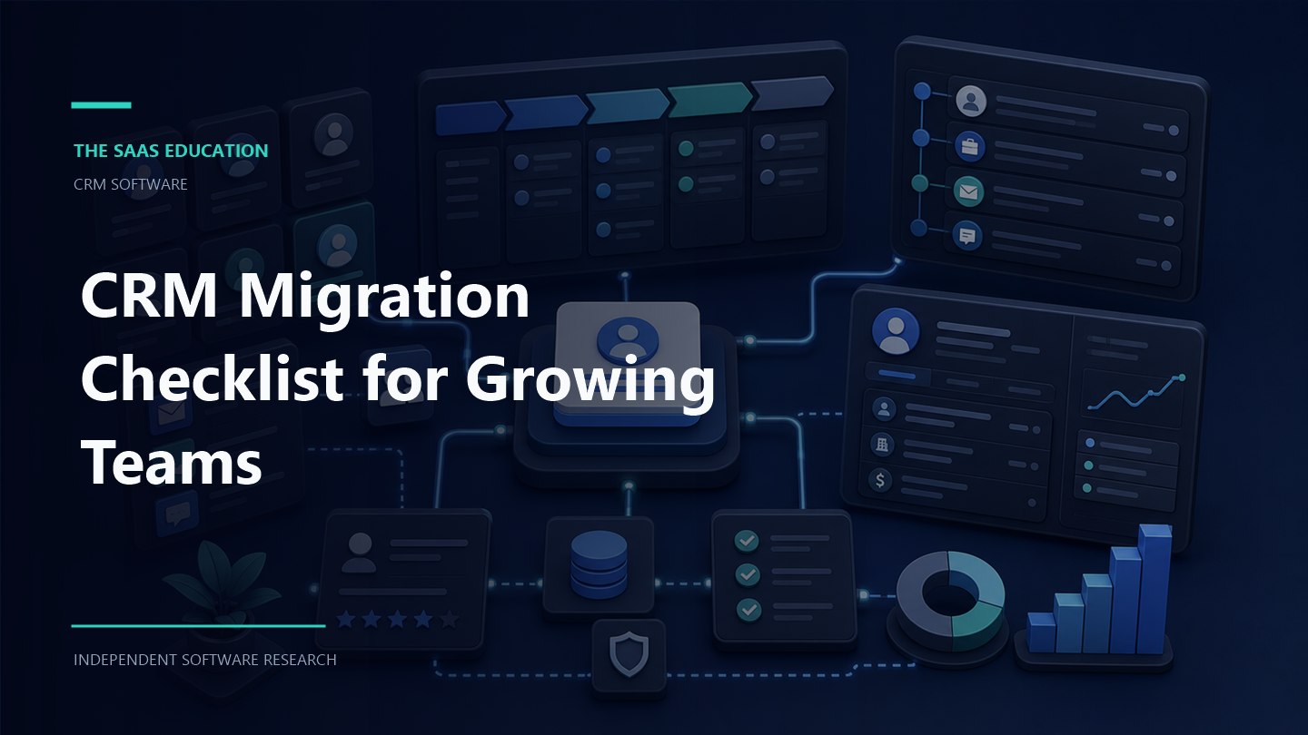 CRM migration checklist workflow showing evaluation criteria, ownership, controls, and review checkpoints
