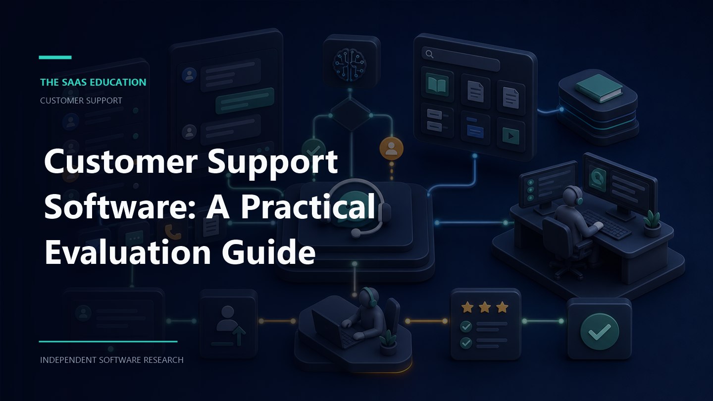 Customer support software guide editorial illustration showing evaluation workflows and decision checkpoints