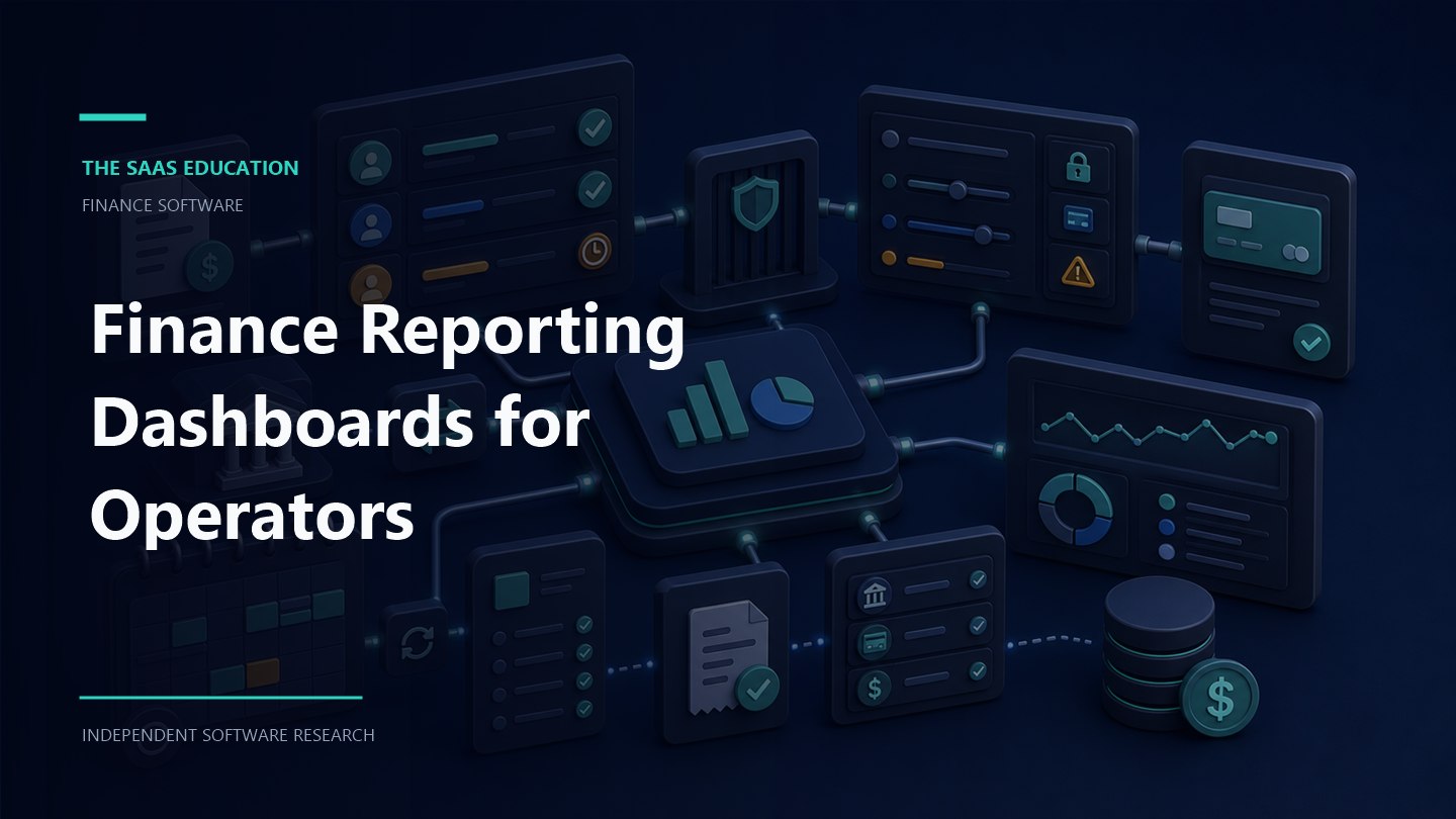 Finance reporting dashboard with KPI scorecards, variance views, cash metrics, and drilldown panels for operators