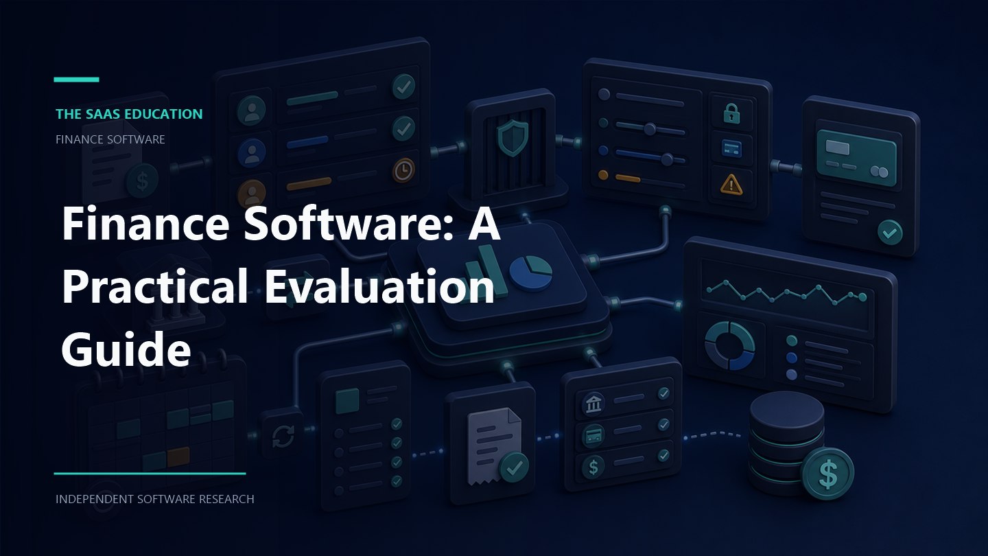Finance software guide editorial illustration showing evaluation workflows and decision checkpoints