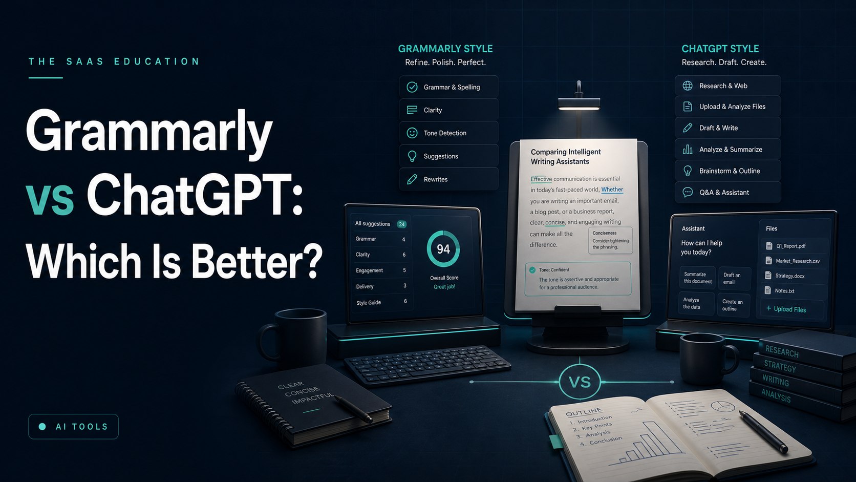 Editorial team comparing Grammarly and ChatGPT for drafting, editing, research, and business writing workflows