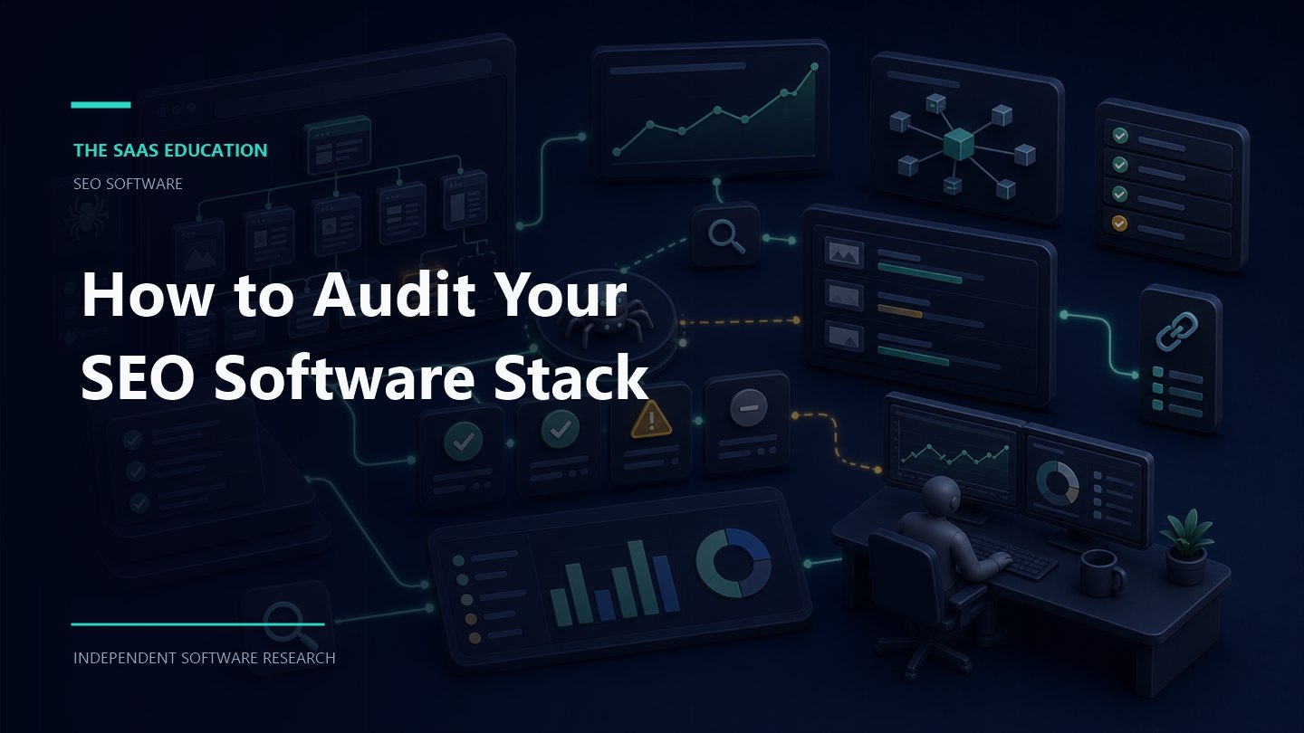SEO software stack audit dashboard showing search performance, technical website checks, and connected software tools