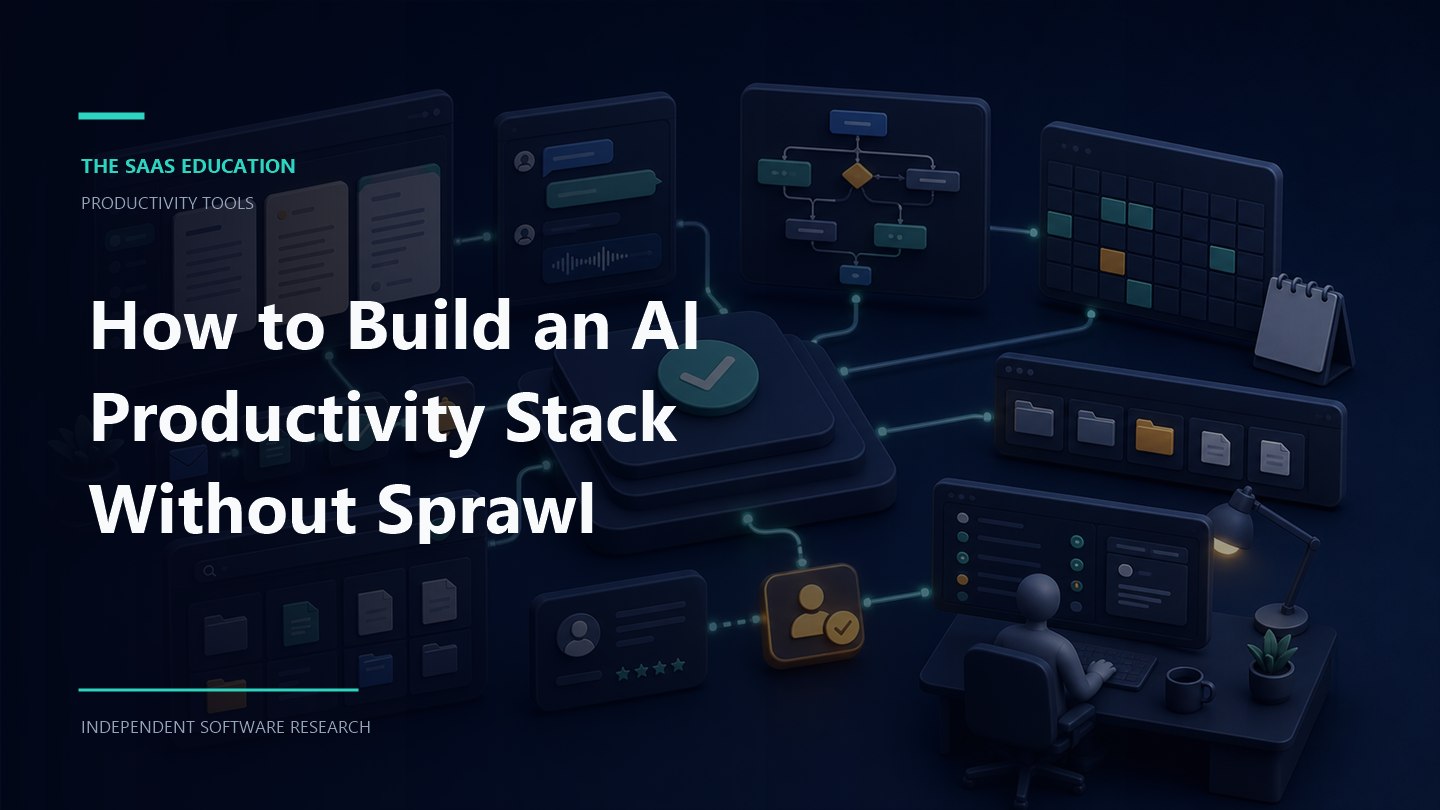 AI productivity stack diagram showing approved tools, connected workflows, data rules, and human review