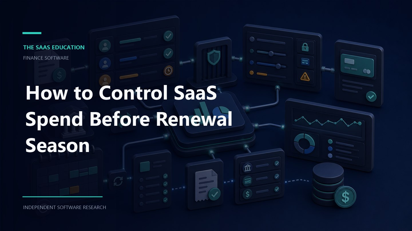 SaaS spend management dashboard showing software licenses, renewal dates, usage, and finance review checkpoints