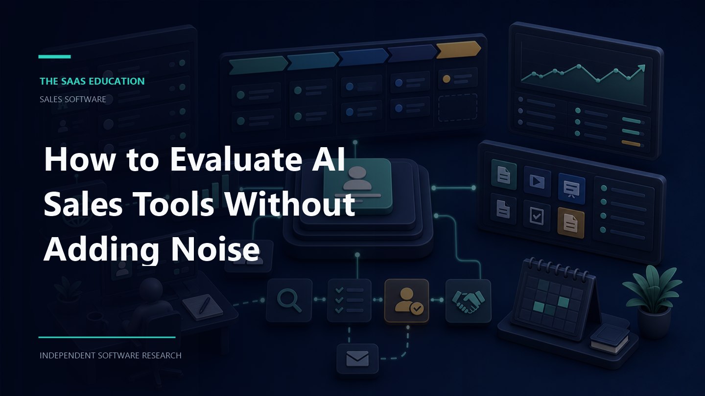AI sales tools evaluation diagram showing account research, CRM records, seller review, and next-step recommendations