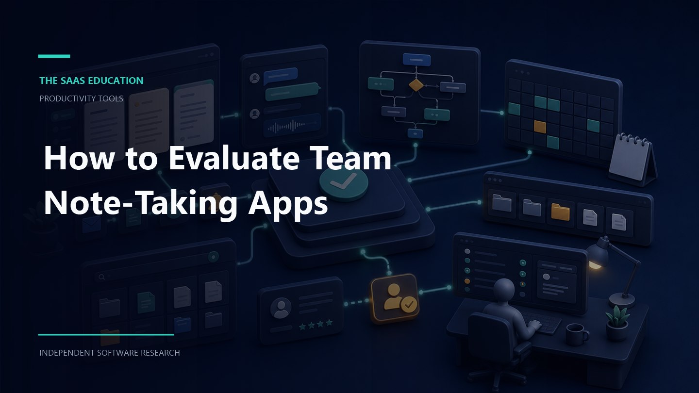 team note-taking apps workflow showing evaluation criteria, ownership, controls, and review checkpoints