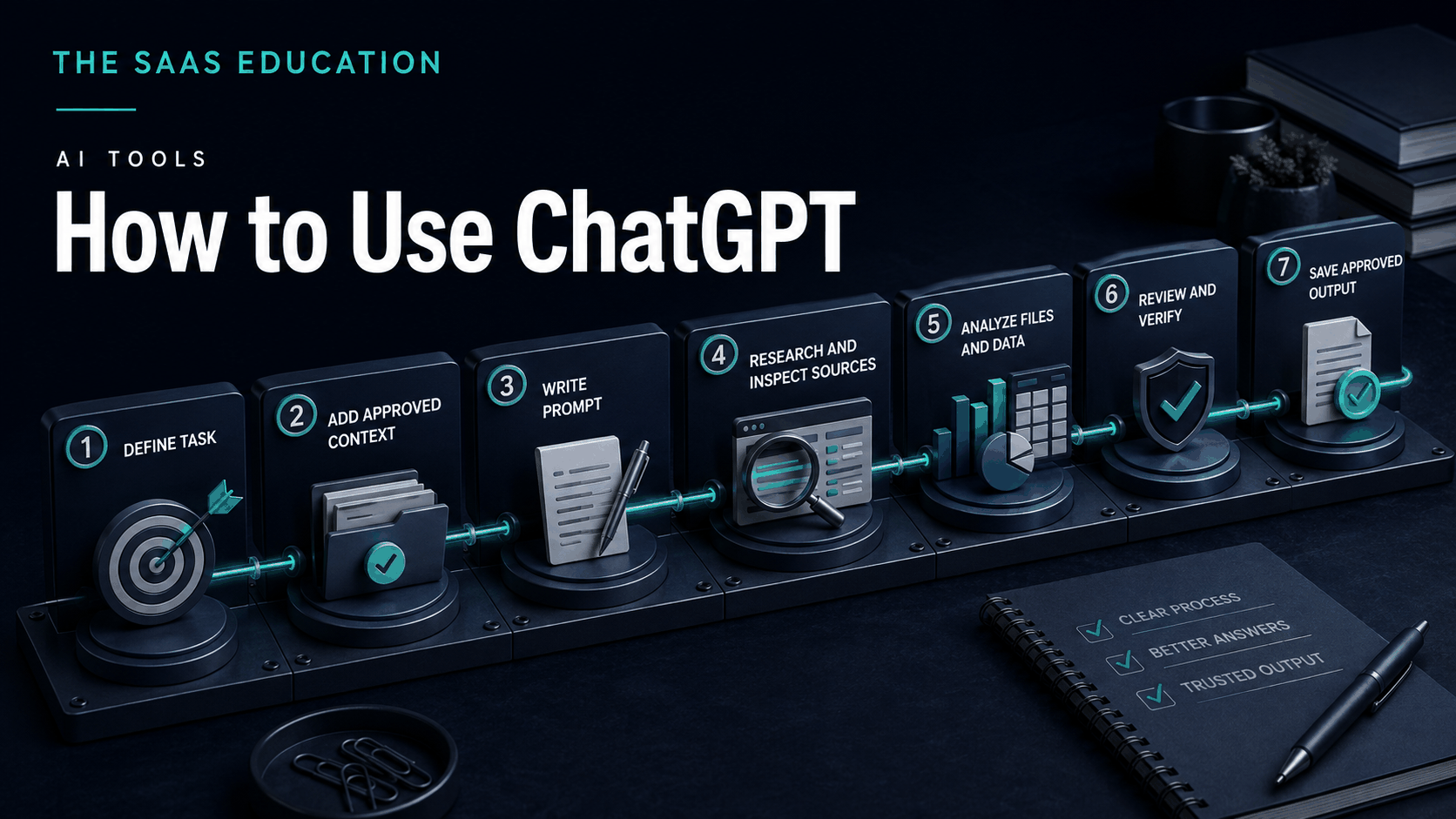 Step-by-step ChatGPT workflow from clear prompt through research, files, review, and final output
