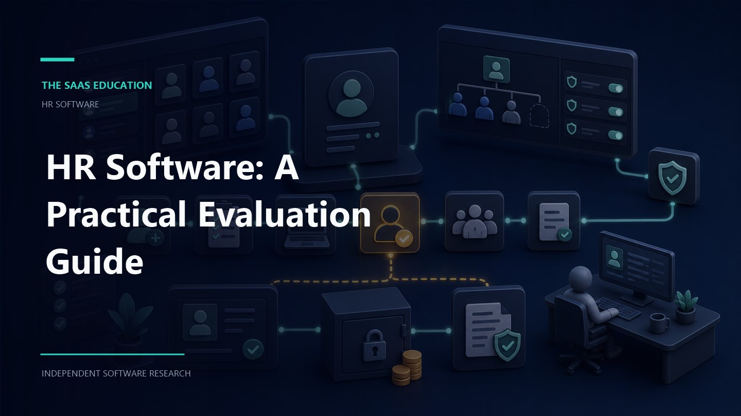 HR Software: A Practical Evaluation Guide editorial illustration showing software evaluation workflows and decision checkpoints