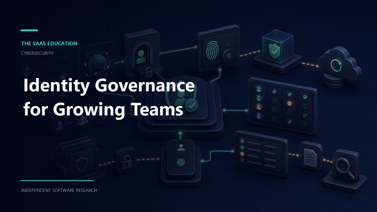 Identity Governance for Growing Teams editorial illustration showing a cybersecurity workflow and review checkpoints