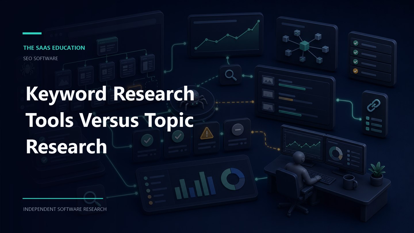 Keyword research tools versus topic research illustration showing search terms, topics, and SEO planning decisions