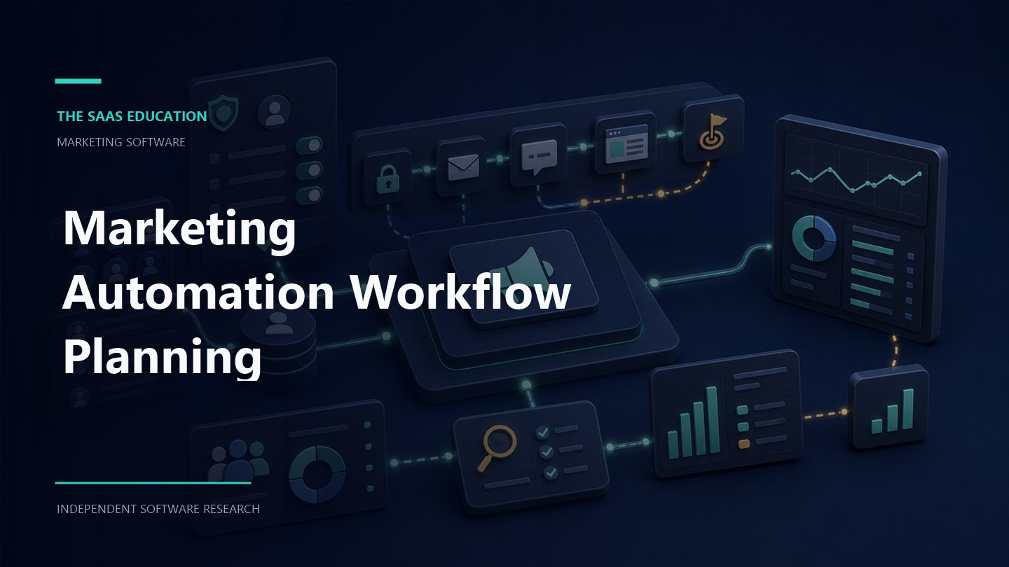 Marketing Automation Workflow Planning editorial illustration showing a marketing software workflow and review checkpoints