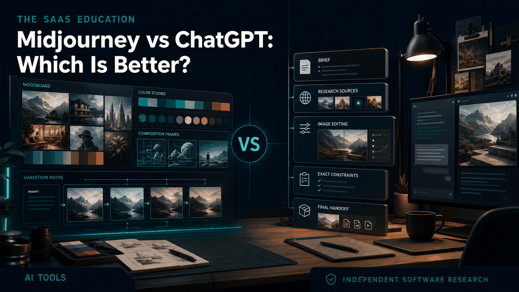 Editorial comparison of Midjourney visual style exploration and ChatGPT conversational image production