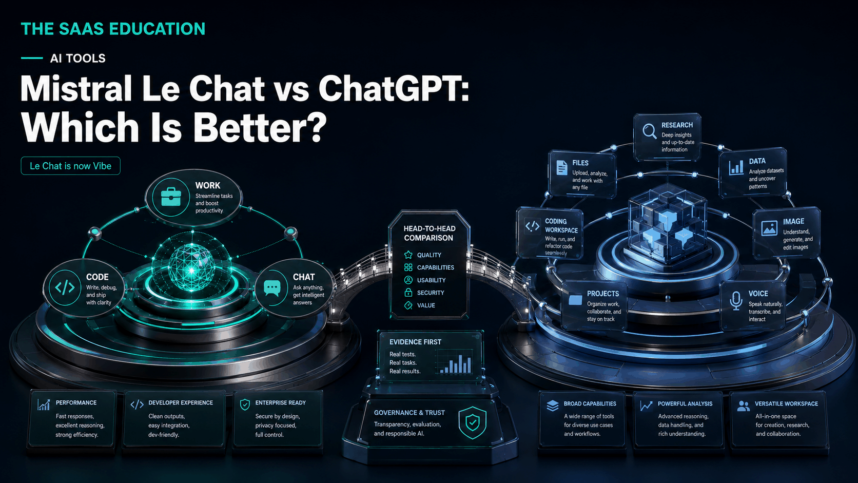 Mistral Vibe and ChatGPT compared across chat, professional work, coding, research, integrations, and deployment