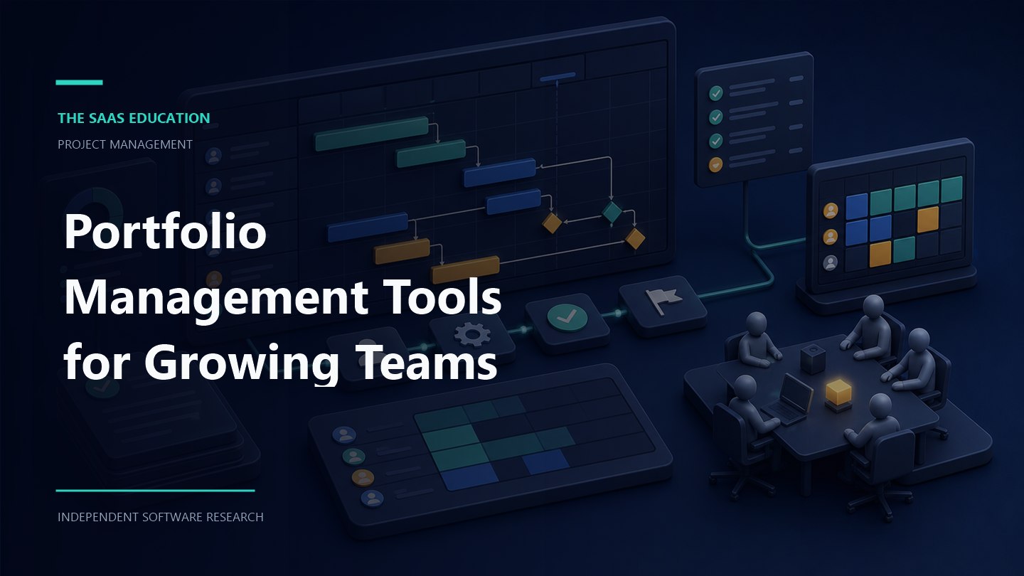Portfolio Management Tools for Growing Teams editorial illustration showing a project management workflow and review checkpoints