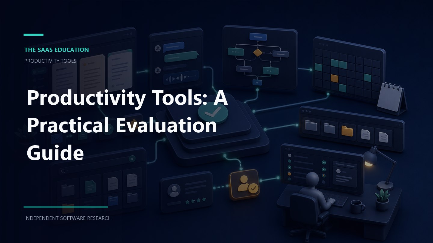 Productivity tools guide editorial illustration showing evaluation workflows and decision checkpoints
