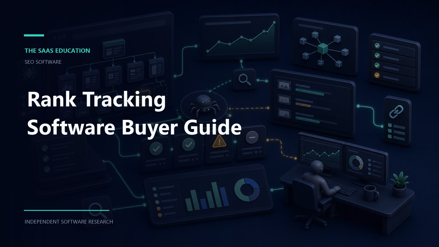Rank Tracking Software Buyer Guide editorial illustration showing a seo software workflow and review checkpoints