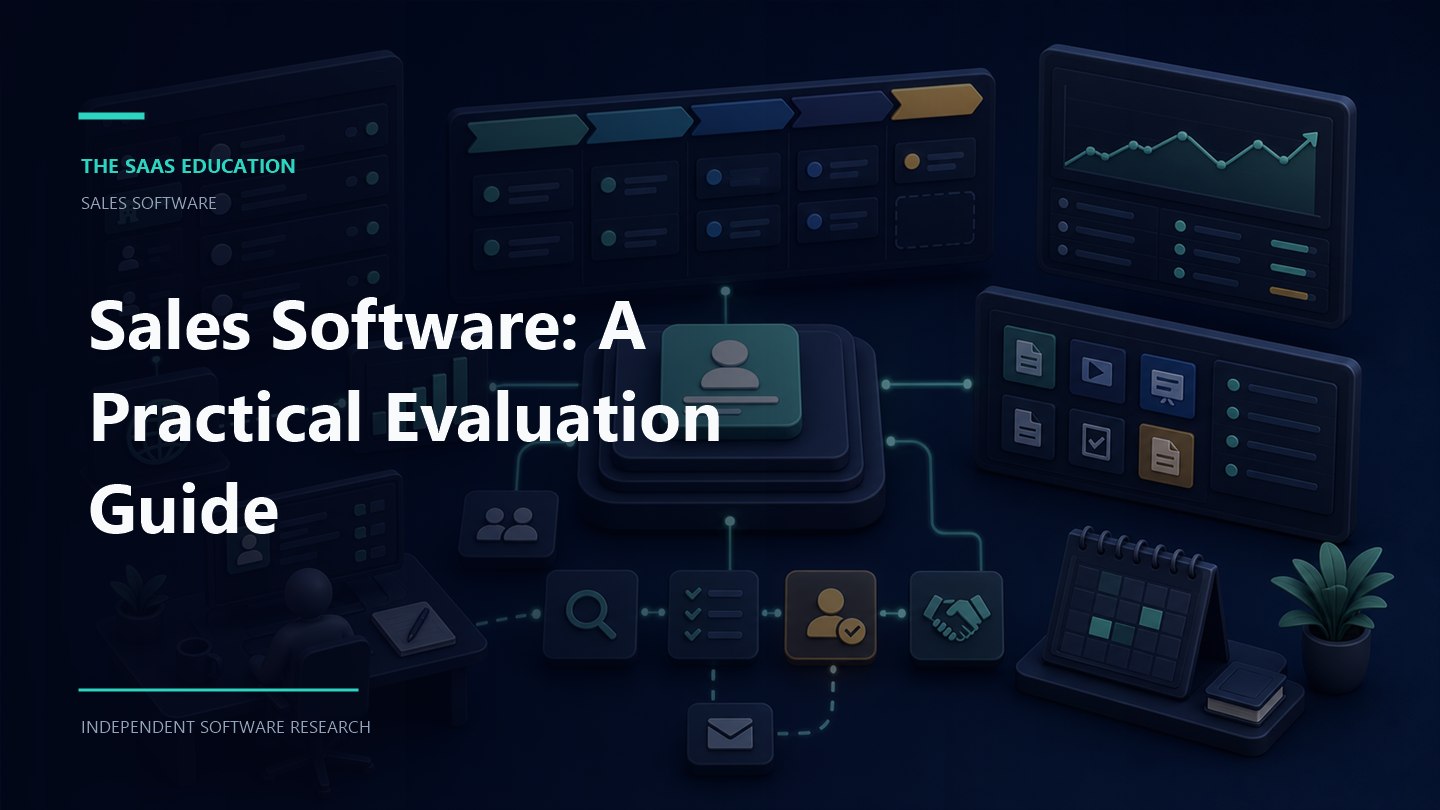 Sales Software: A Practical Evaluation Guide editorial illustration showing software evaluation workflows and decision checkpoints