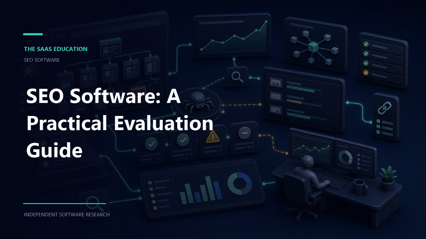 SEO Software: A Practical Evaluation Guide editorial illustration showing search analysis workflows and decision checkpoints