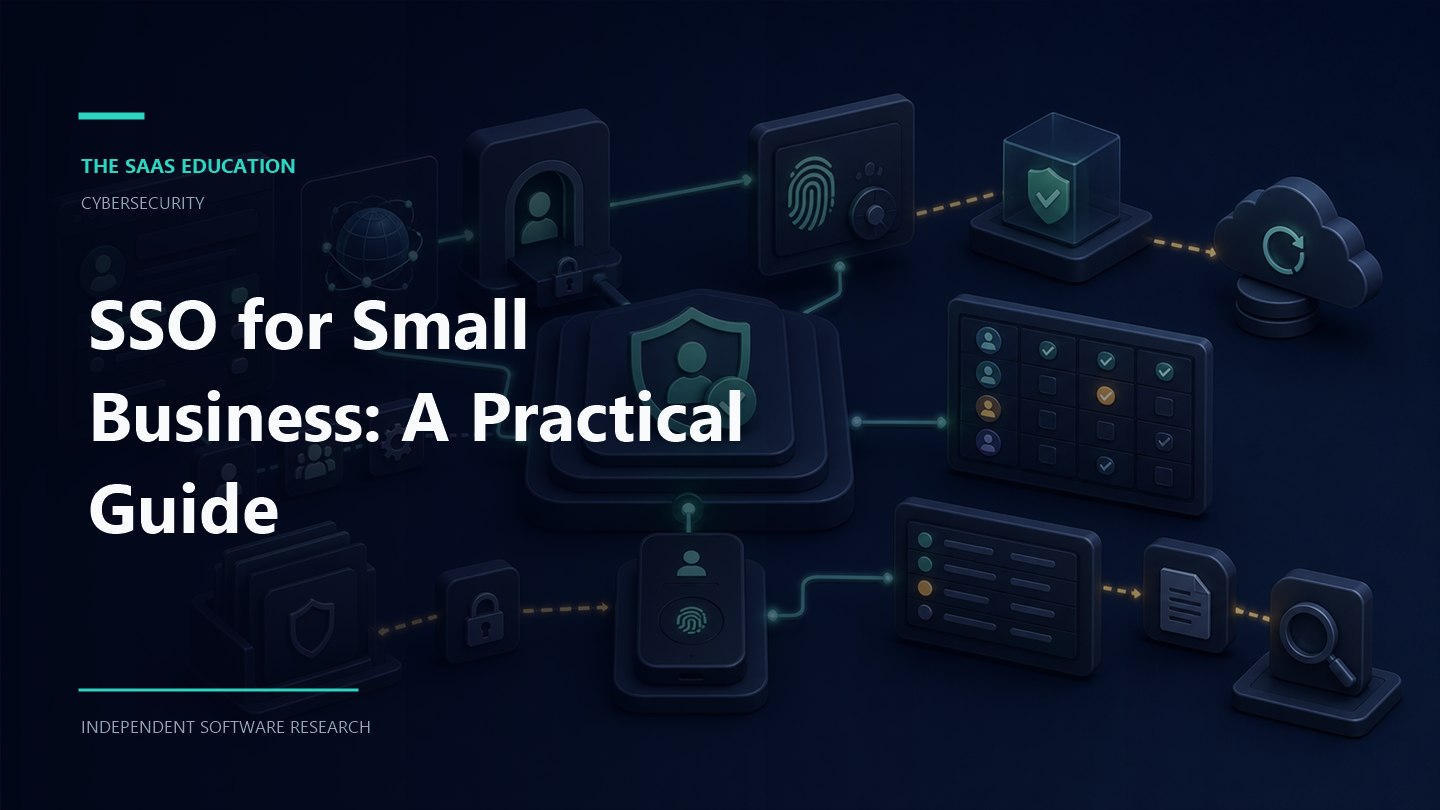 SSO for small business workflow showing evaluation criteria, ownership, controls, and review checkpoints