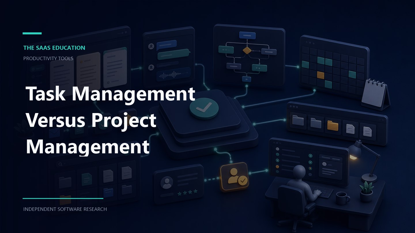 Comparison of task management and project management views showing personal tasks, cross-team timelines, dependencies, and status reporting