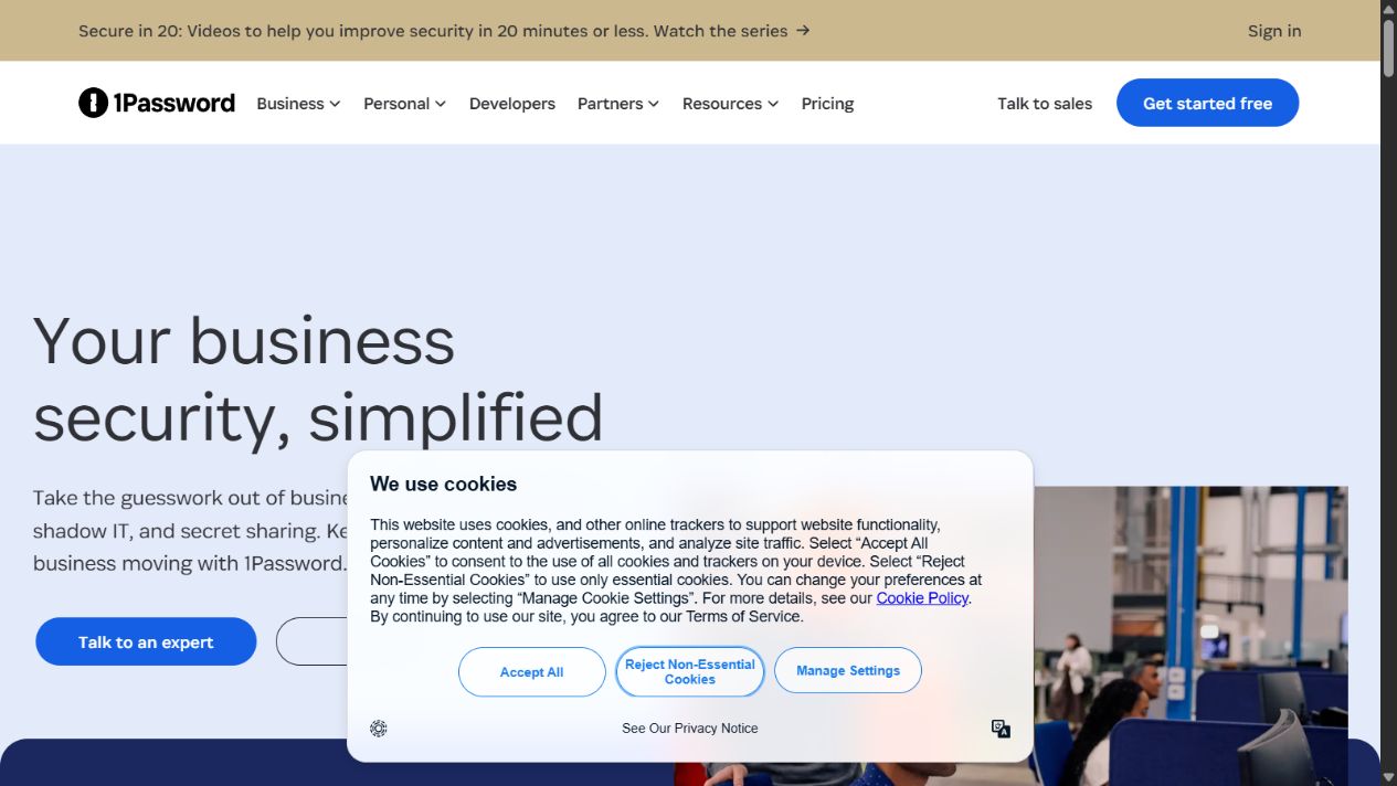 1Password Business official homepage showing password and access security