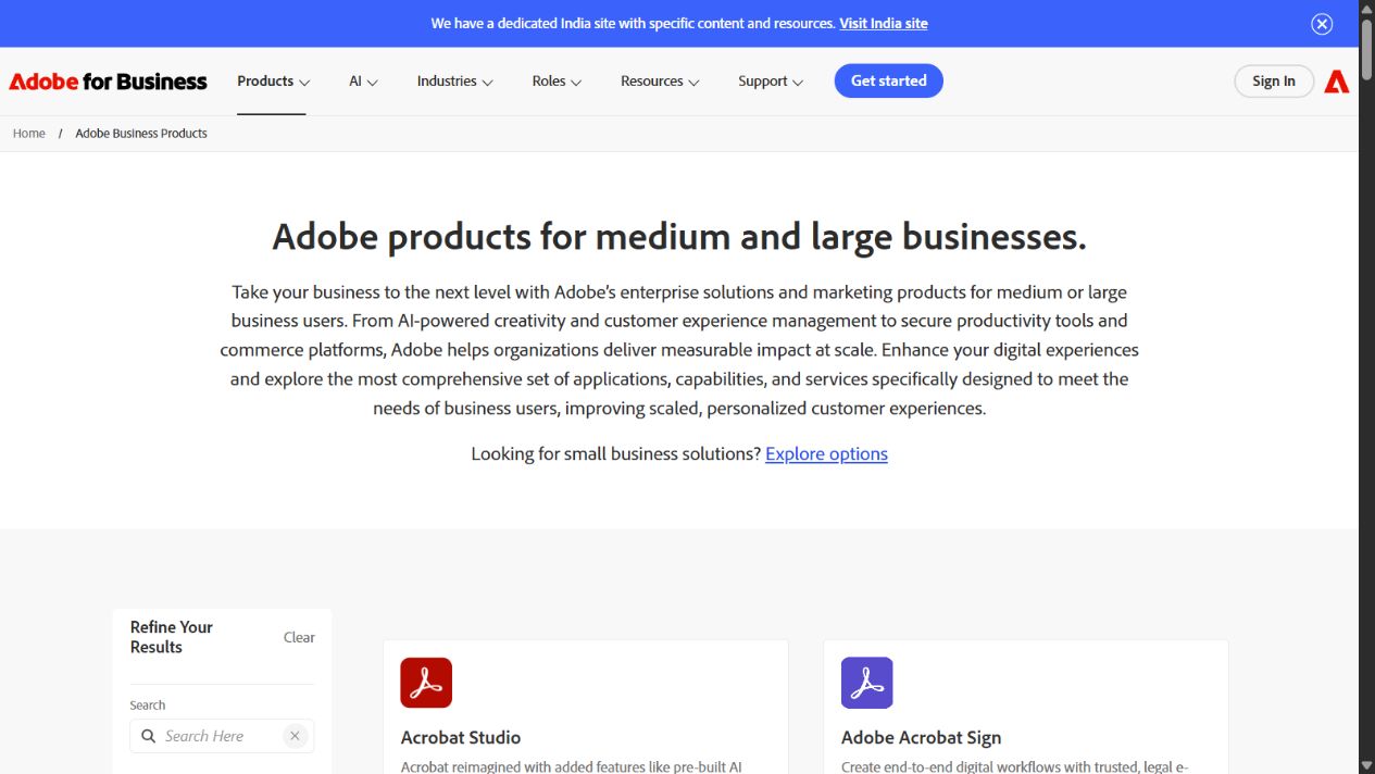 Adobe Experience Cloud official homepage showing its enterprise digital experience portfolio