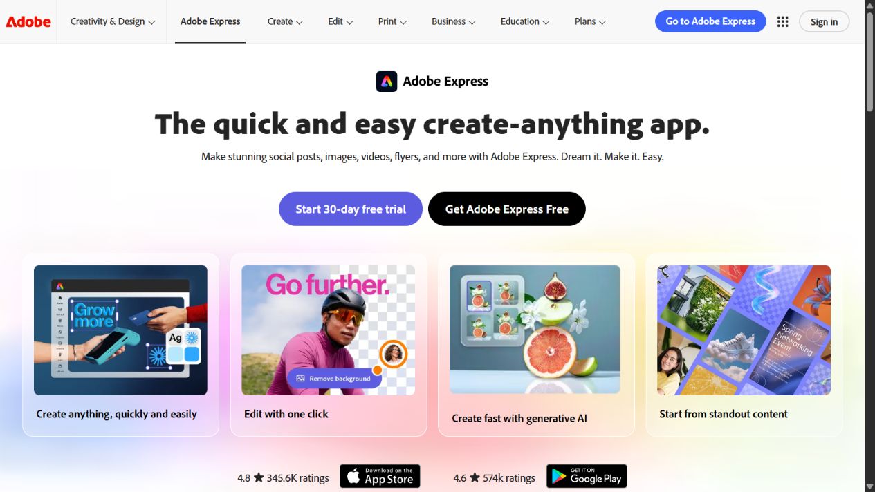 Adobe Express official homepage showing its business content creation workspace