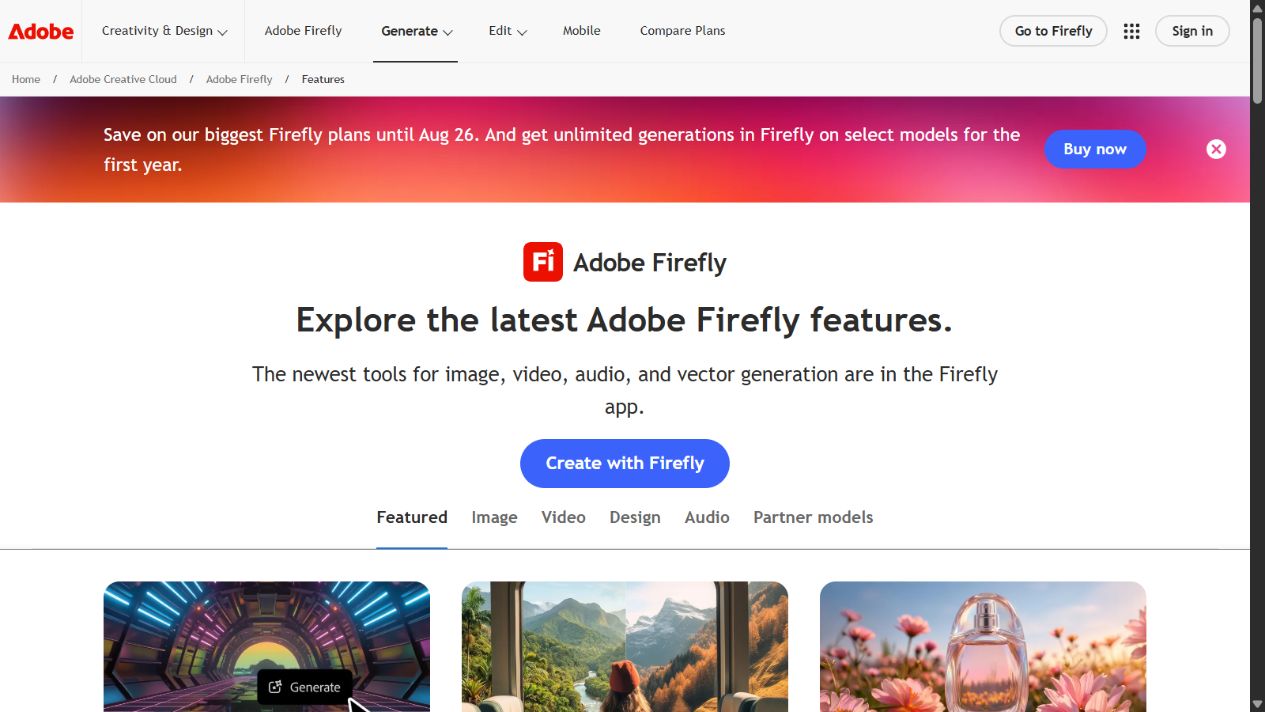 Adobe official Firefly features page with image, video, design, audio, and partner model sections