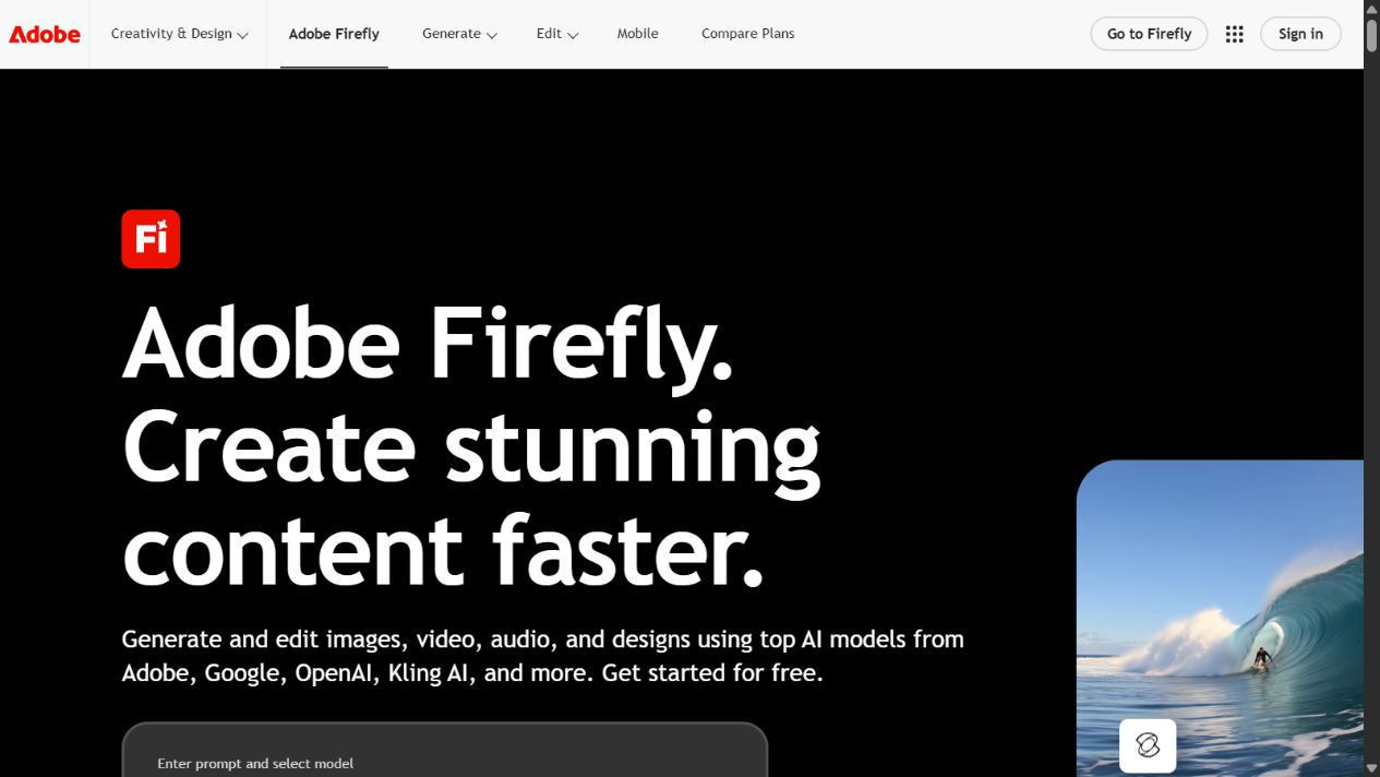 Adobe Firefly official homepage showing its generative creative tools