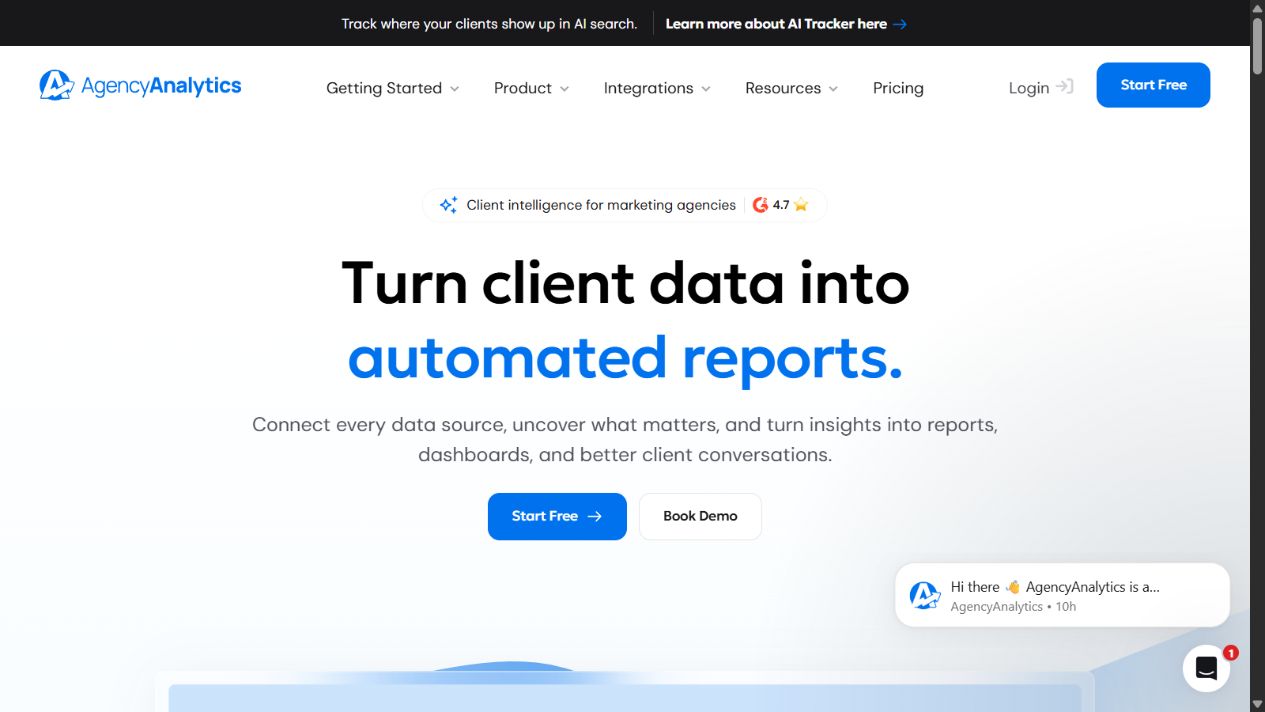 AgencyAnalytics official homepage showing its agency reporting platform