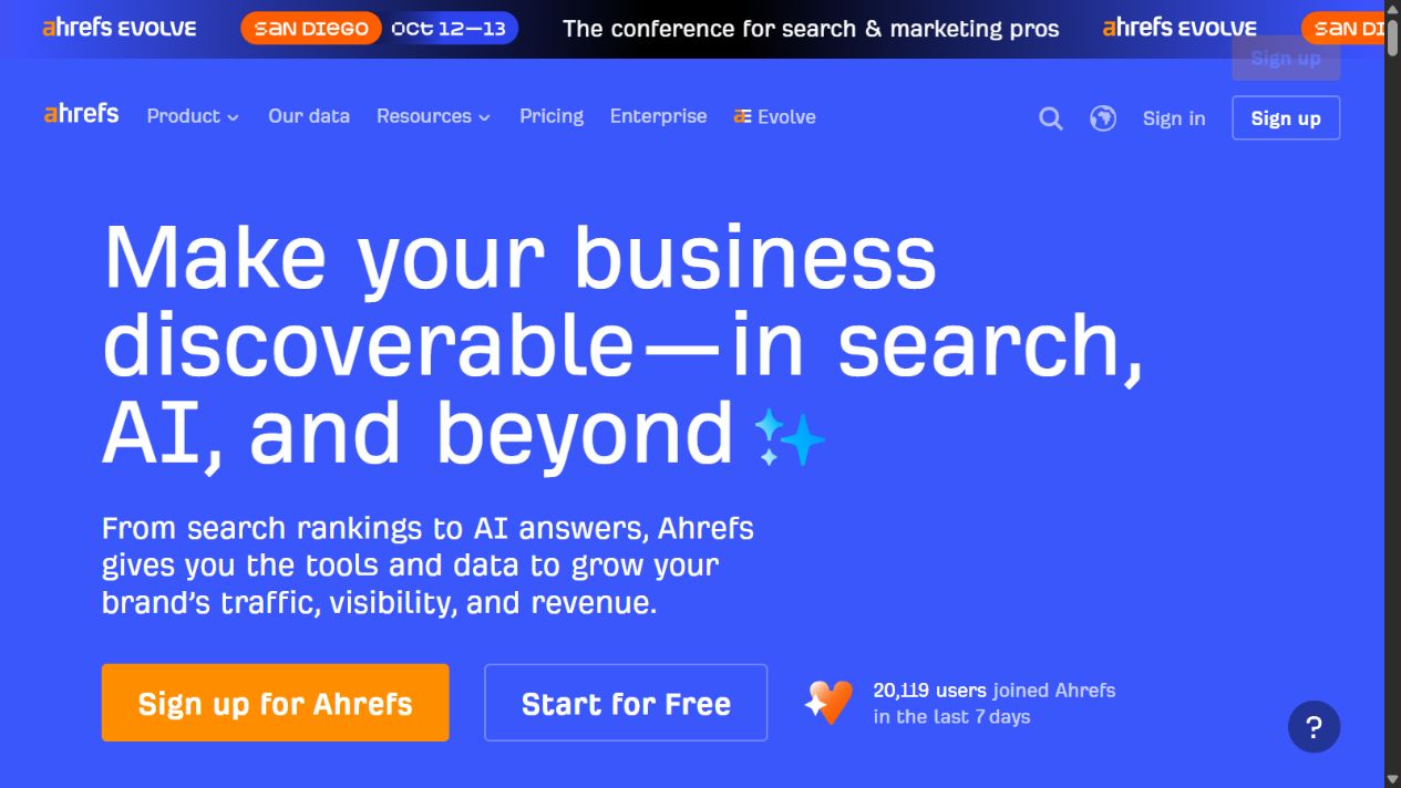 Ahrefs official homepage showing its search marketing research platform