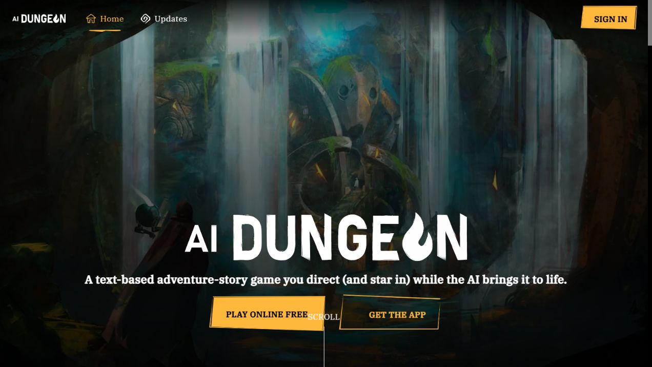 AI Dungeon homepage introducing its text-based adventure-story game