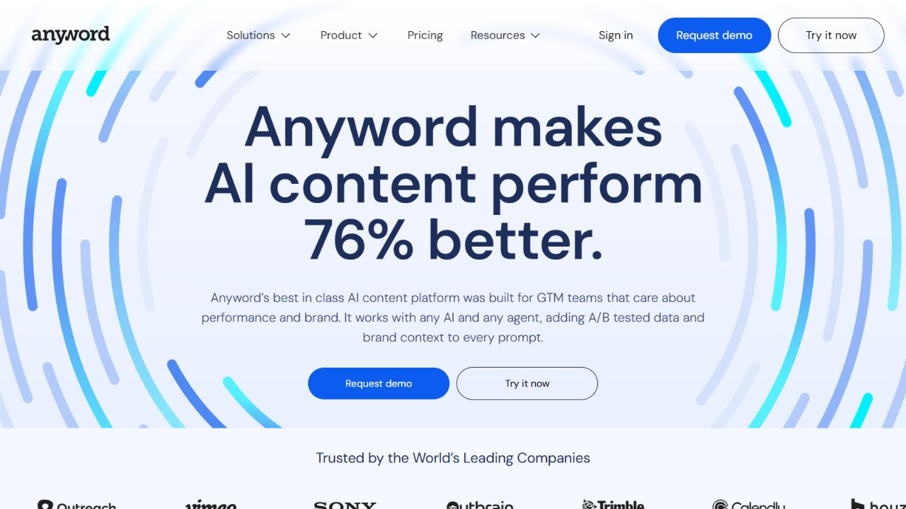 Anyword official homepage showing its performance marketing AI platform