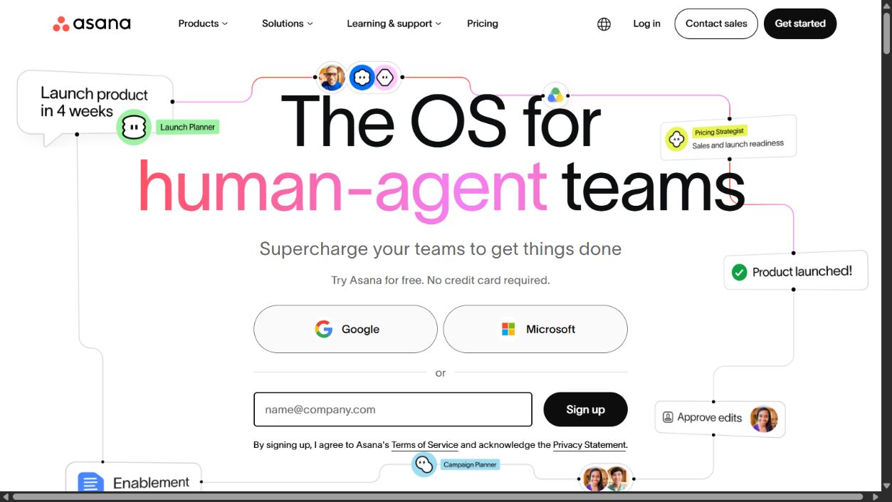 Asana official homepage showing project and portfolio work management